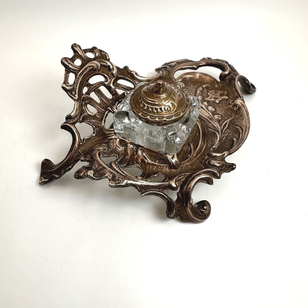 Art Nouveau Brass Desk Inkwell Heavy Cast Metal Victorian Library Dark Academia - Picture 3 of 11